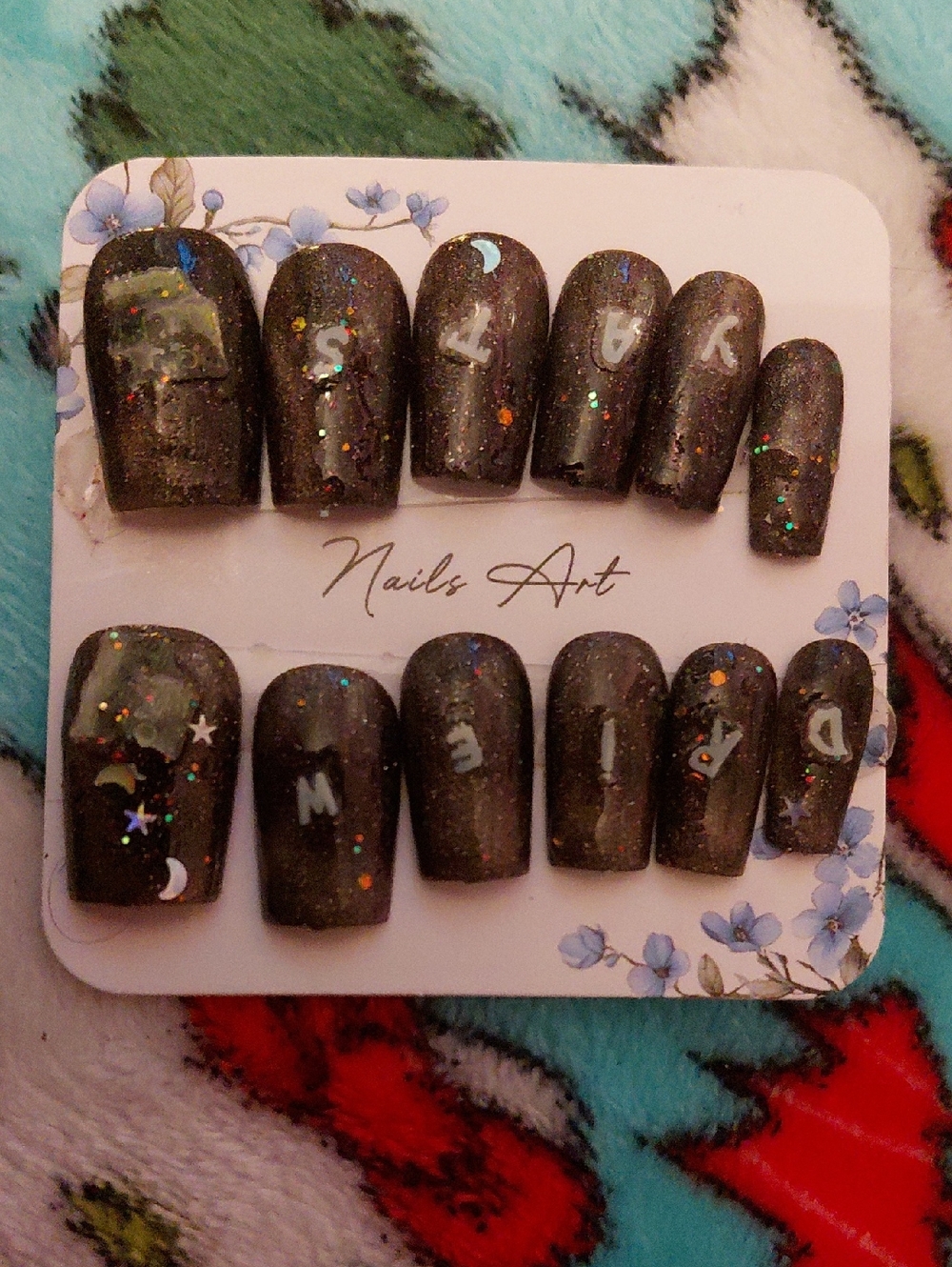 Black Glitter Press-On Nails with Celestial Accents